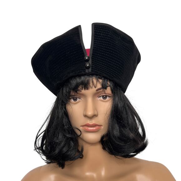 1950s Jaeger London Black Velvet Tilt Cocktail Hat Burgundy 21” Made UK main image 12